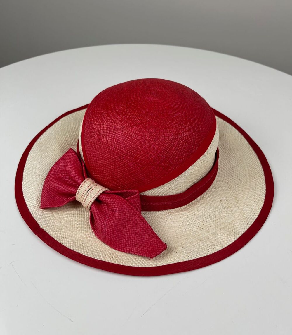Panama Hat 100% Paja Toquilla Ecuador Wide Brim Red Bow Resort Derby Sz 58